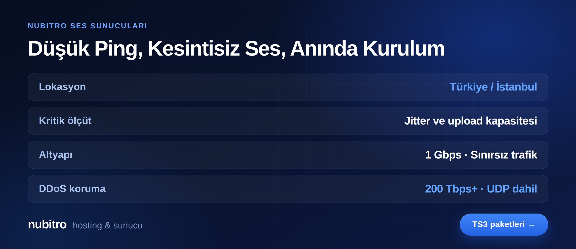 Nubitro ses sunucuları: İstanbul lokasyonu, düşük jitter, 1 Gbps sınırsız trafik ve 200 Tbps+ DDoS koruması