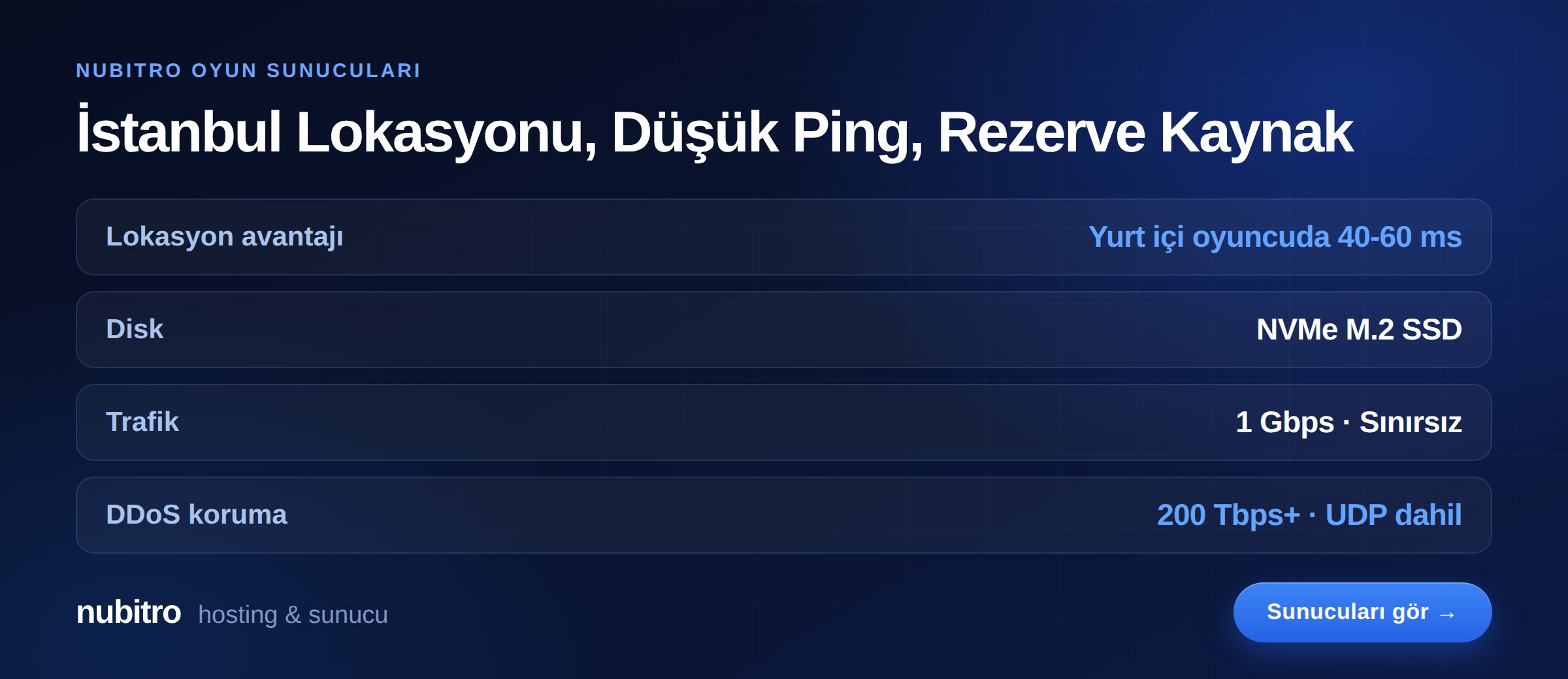 Nubitro oyun sunucuları: İstanbul lokasyonu, NVMe M.2 SSD, 1 Gbps sınırsız trafik ve 200 Tbps+ DDoS koruması