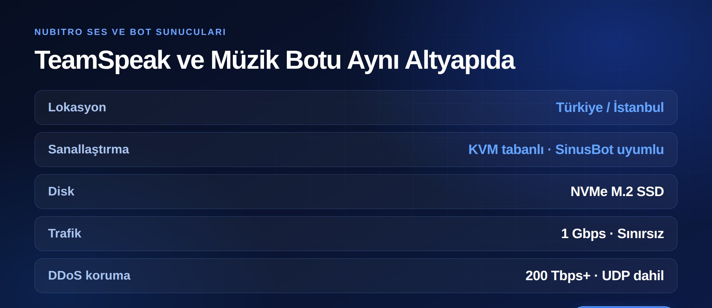 Nubitro ses ve bot sunucuları: KVM sanallaştırma, NVMe M.2 SSD, İstanbul lokasyonu ve 200 Tbps+ DDoS koruması