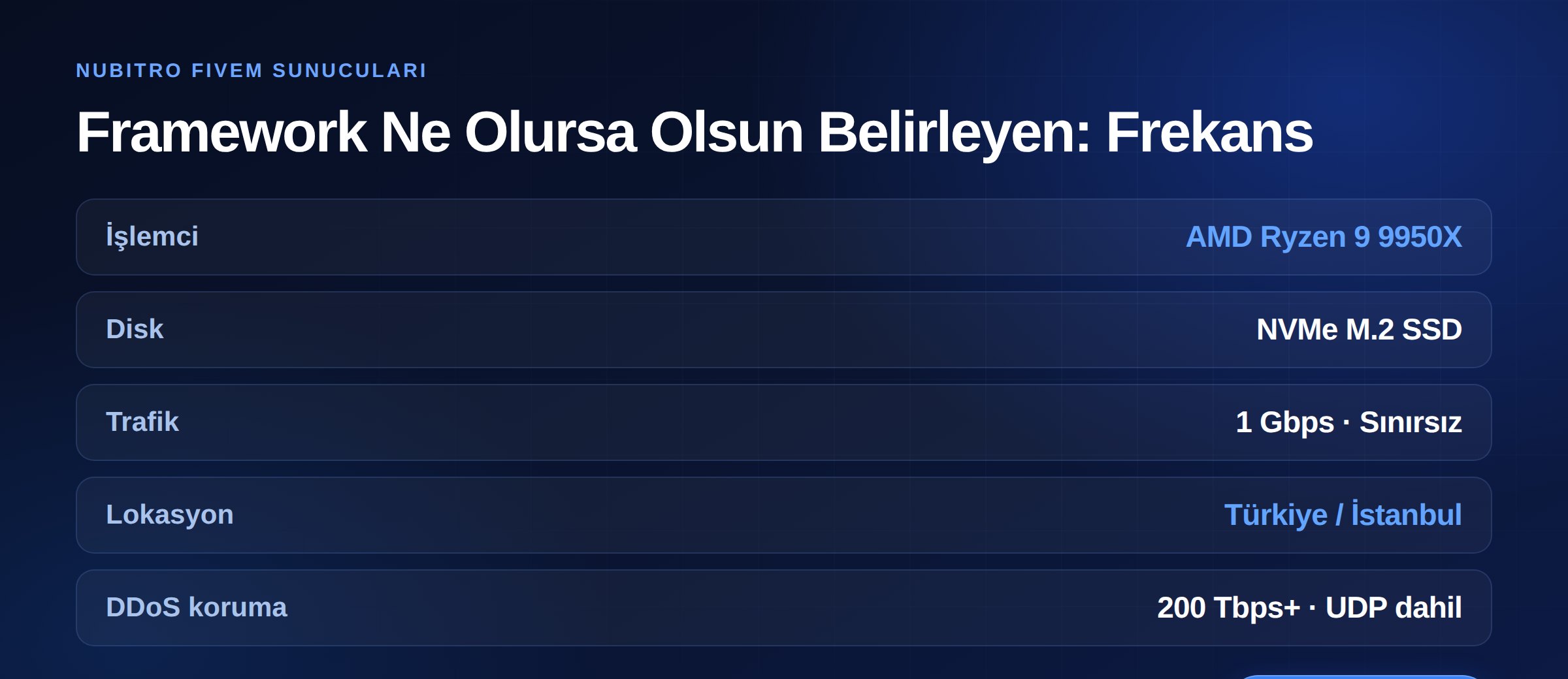 Nubitro FiveM sunucuları: AMD Ryzen 9 9950X, NVMe M.2 SSD, 1 Gbps sınırsız trafik, İstanbul lokasyonu ve 200 Tbps+ DDoS koruması