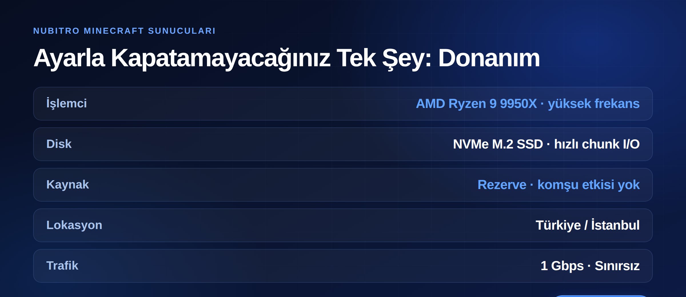 Nubitro Minecraft sunucuları: Ryzen 9 9950X yüksek frekans, NVMe M.2 SSD, rezerve kaynak ve İstanbul lokasyonu