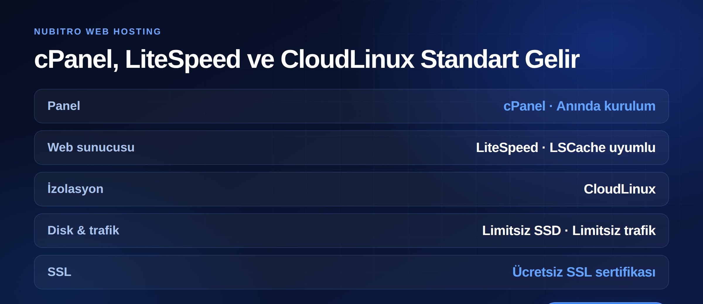 Nubitro web hosting: cPanel, LiteSpeed, CloudLinux, limitsiz SSD disk ve ücretsiz SSL sertifikası