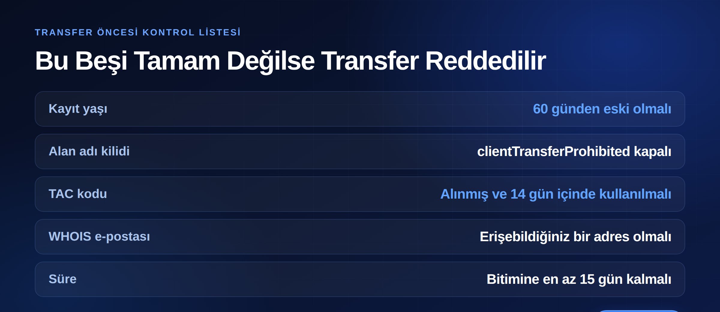 Alan adı transferi öncesi kontrol listesi: kayıt yaşı, kilit durumu, TAC kodu, WHOIS e-postası ve kalan süre