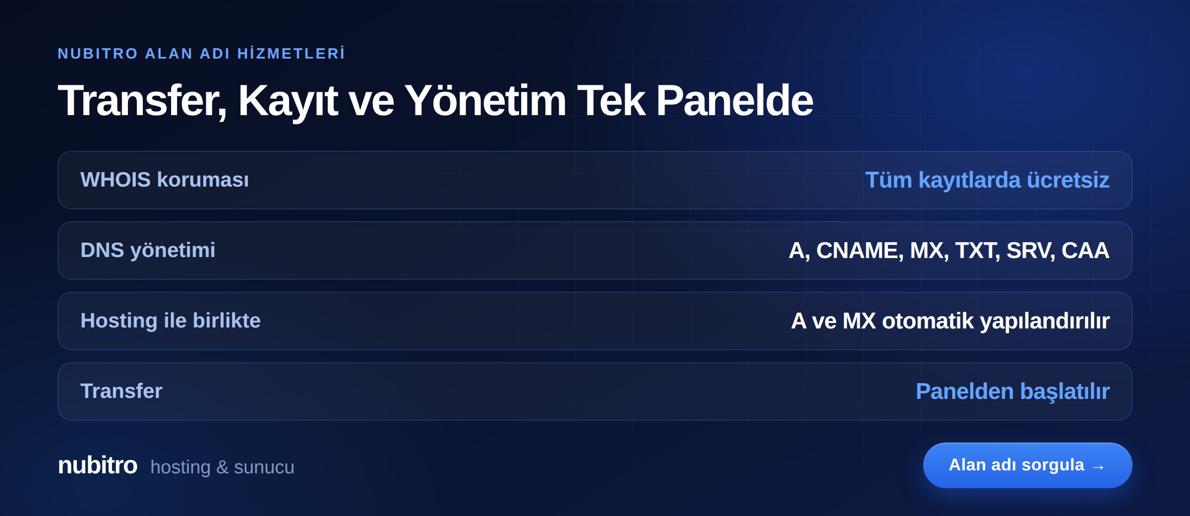 Nubitro alan adı hizmetleri: ücretsiz WHOIS koruması, DNS yönetimi ve panelden transfer