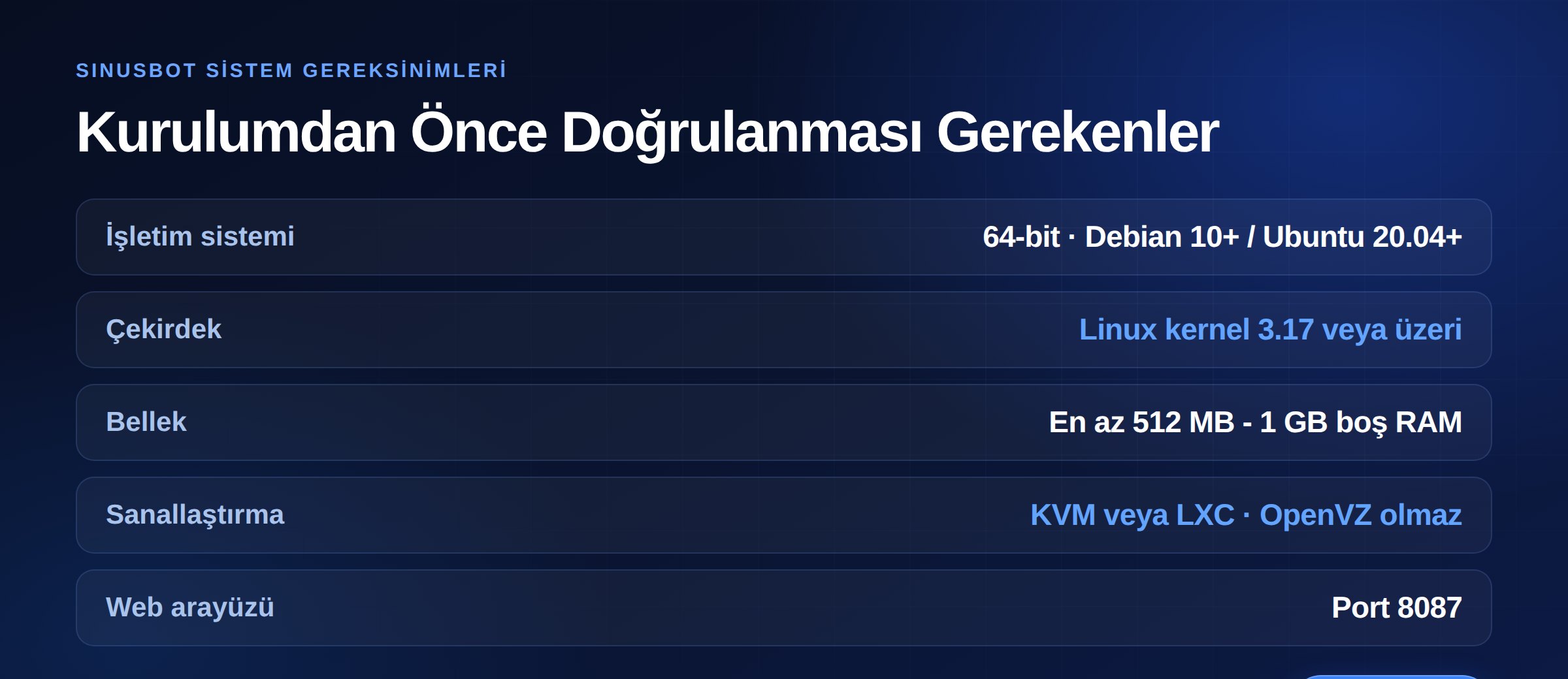 SinusBot sistem gereksinimleri: 64-bit işletim sistemi, Linux kernel 3.17+, KVM sanallaştırma ve port 8087