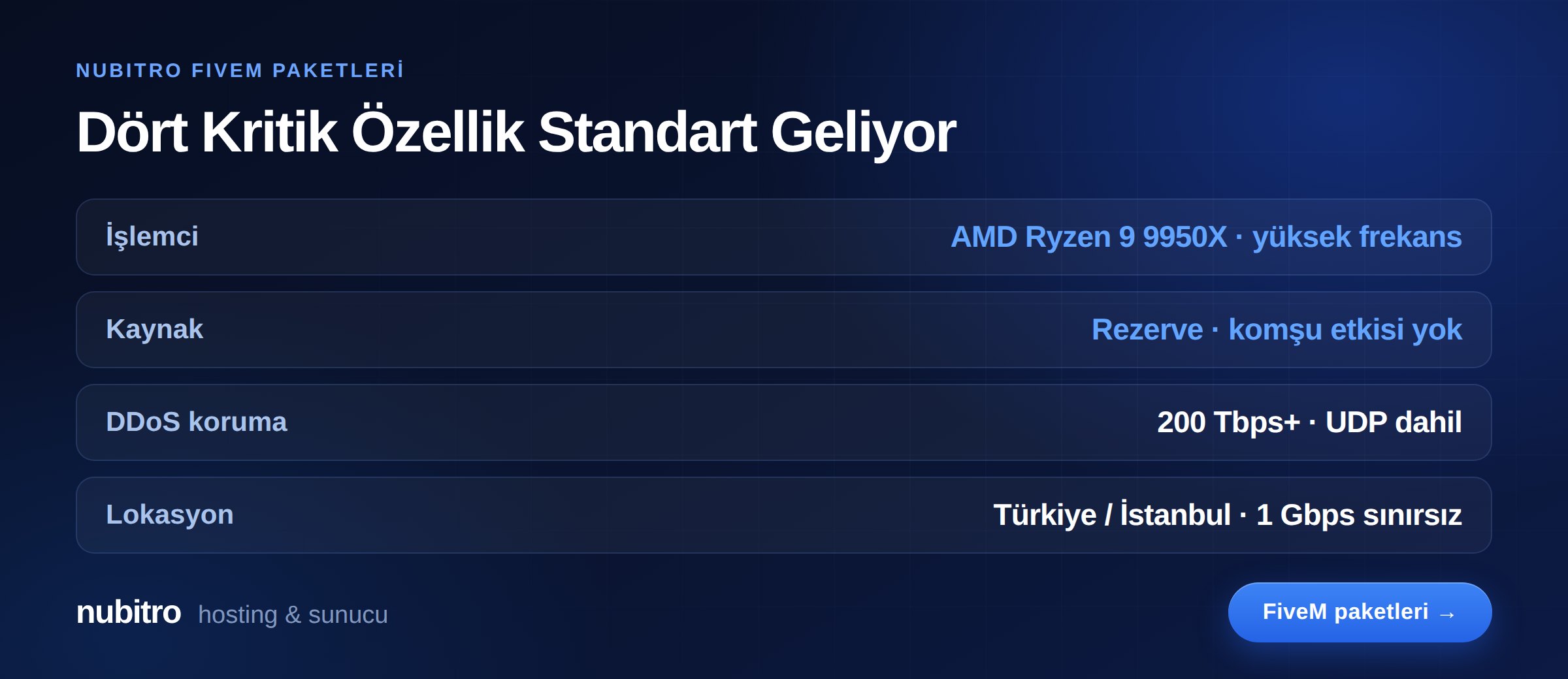 Nubitro FiveM paketleri: Ryzen 9 9950X, rezerve kaynak, UDP dahil 200 Tbps+ DDoS koruması ve İstanbul lokasyonu